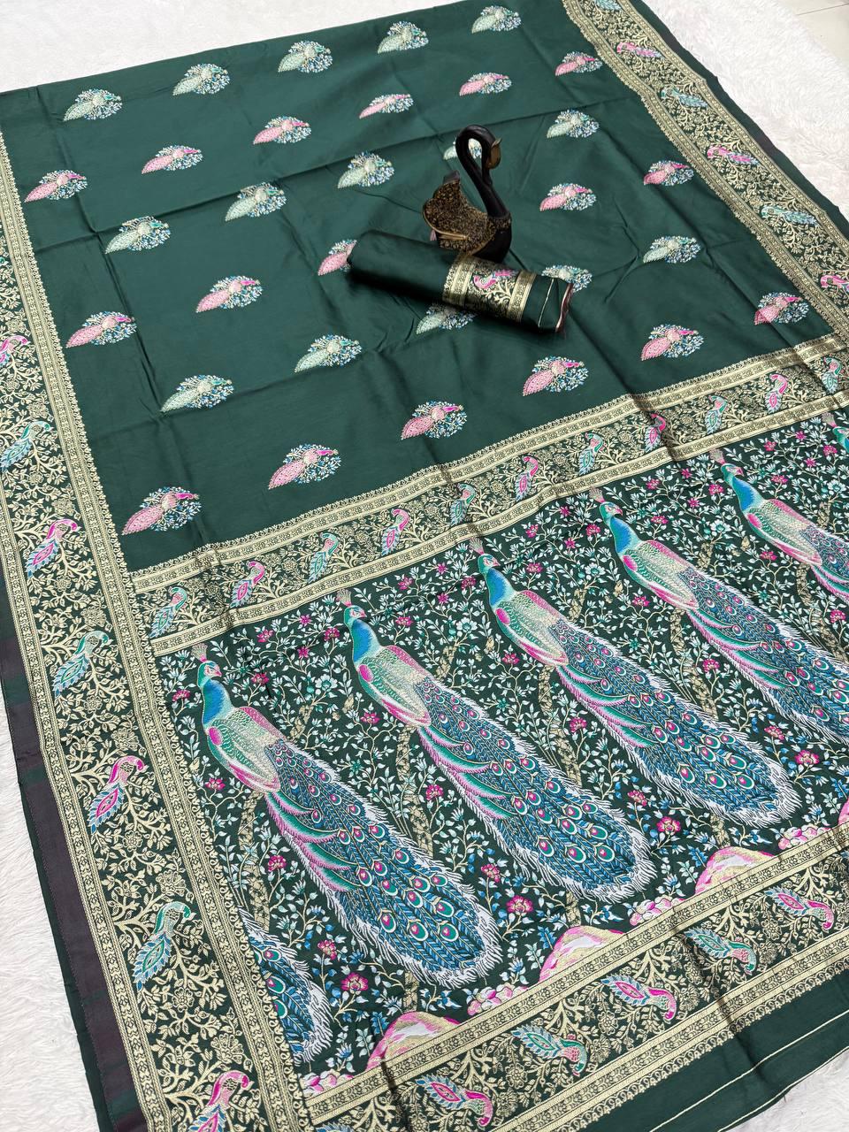 Embellished Dark Green Soft Banarasi Silk Saree With Designer Blouse Piece