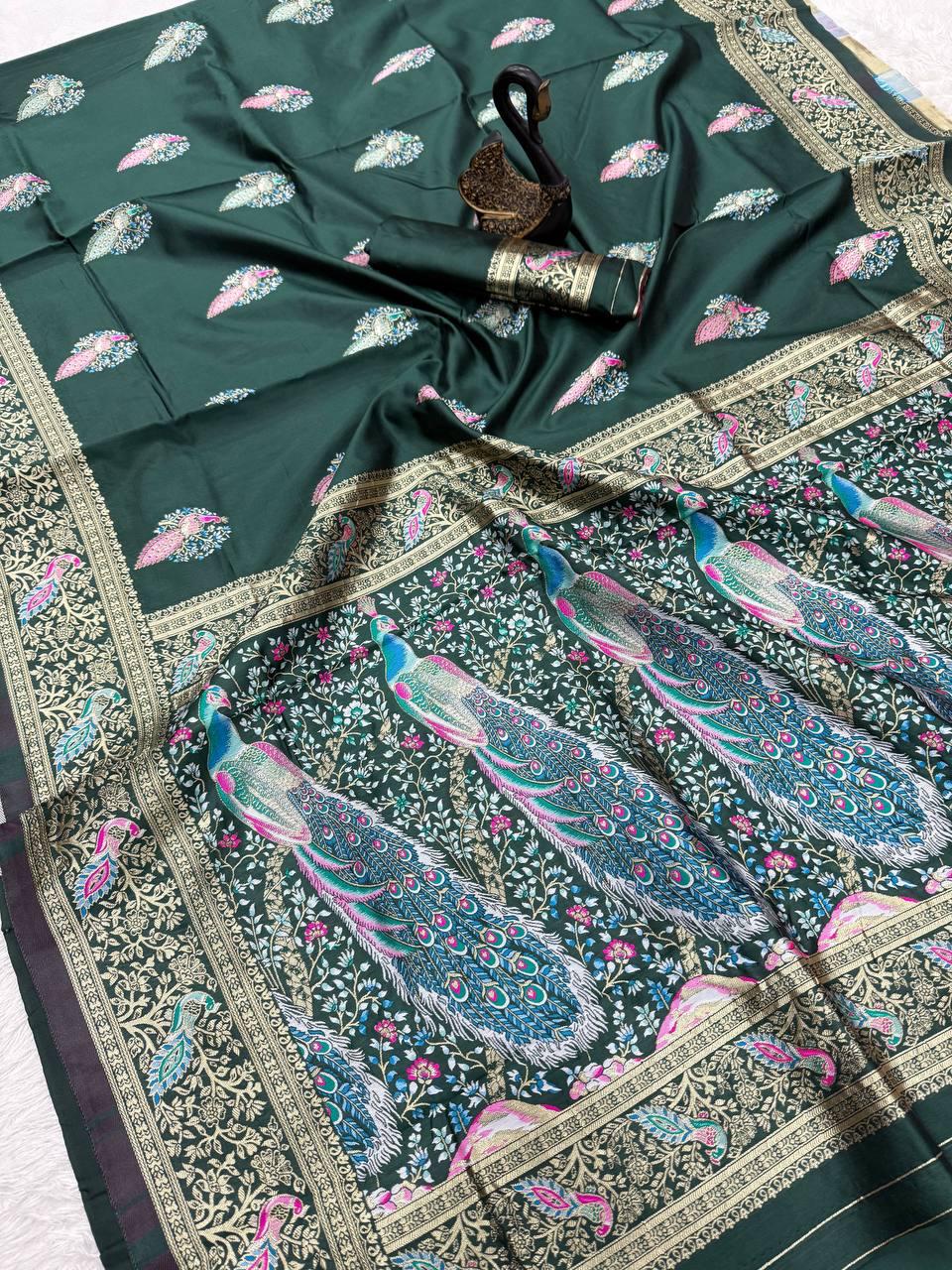 Embellished Dark Green Soft Banarasi Silk Saree With Designer Blouse Piece