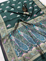 Embellished Dark Green Soft Banarasi Silk Saree With Designer Blouse Piece