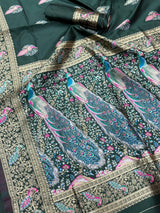 Embellished Dark Green Soft Banarasi Silk Saree With Designer Blouse Piece