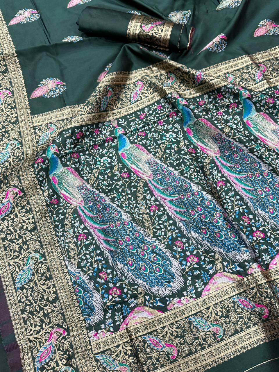 Embellished Dark Green Soft Banarasi Silk Saree With Designer Blouse Piece