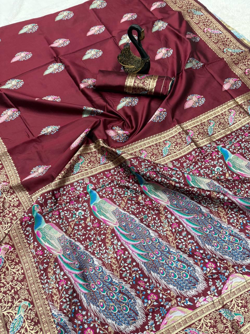 Nectarous Maroon Soft Banarasi Silk Saree With Deserving Blouse Piece