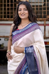 Capricious Beige Digital Printed Dola Silk Saree With Prettiest Blouse Piece