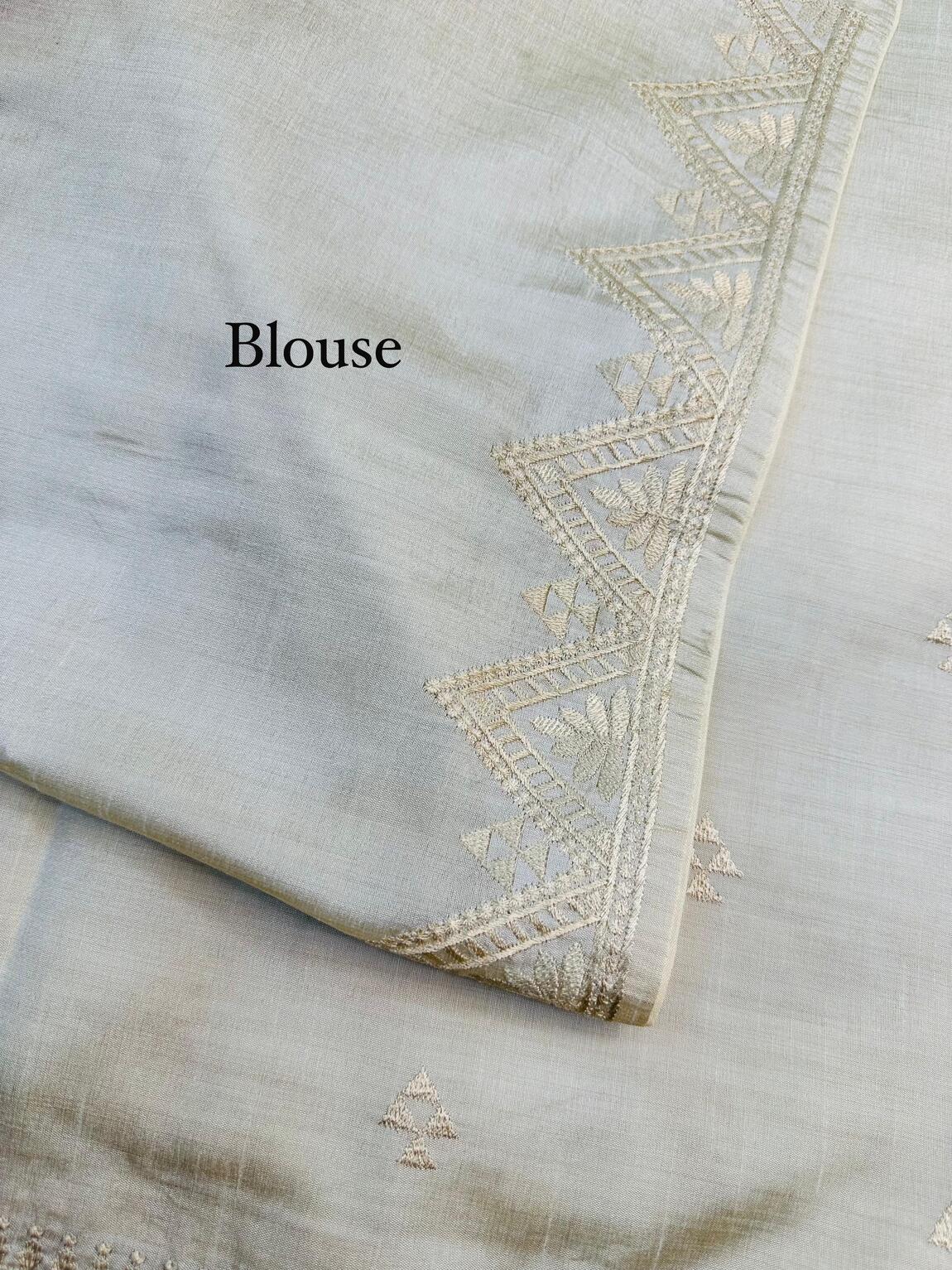 Delightful Off White Embroidery Work Tussar Silk Saree With Inimitable Blouse Piece