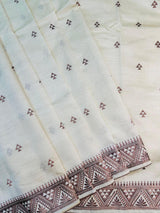 Lovely Off White Embroidery Work Tussar Silk Saree With Demanding Blouse Piece