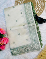 Stunner Off White Embroidery Work Tussar Silk Saree With Elision Blouse Piece