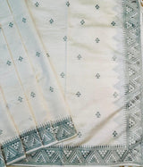 Stunner Off White Embroidery Work Tussar Silk Saree With Elision Blouse Piece