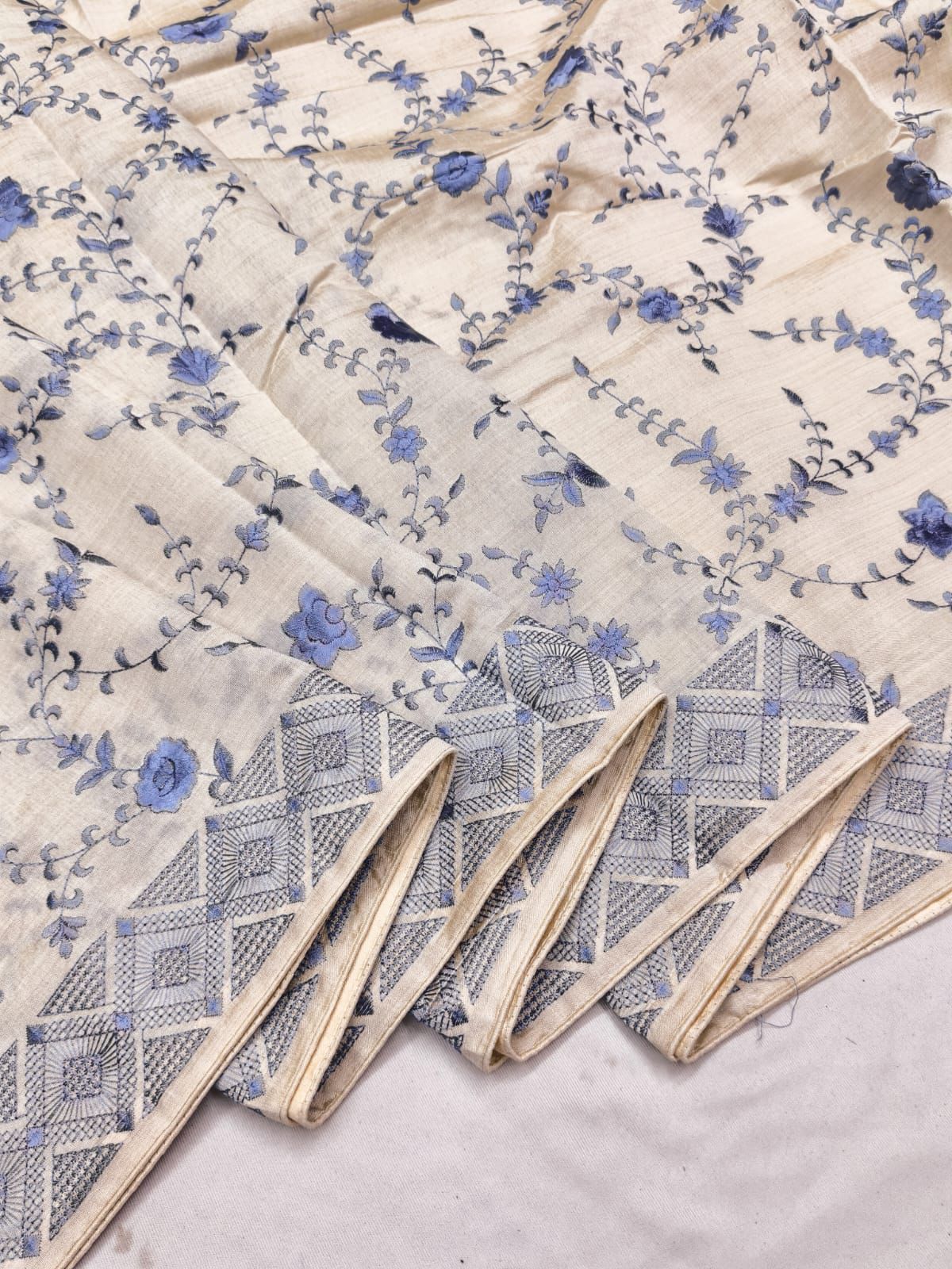 Quintessential Beige Embroidery Work Tussar Silk Saree With Impressive Blouse Piece