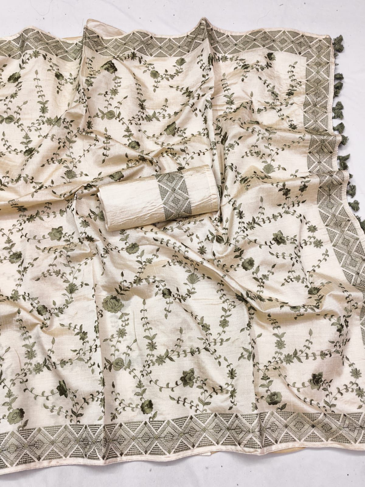 Epiphany Beige Embroidery Work Tussar Silk Saree With Fairytale Blouse Piece