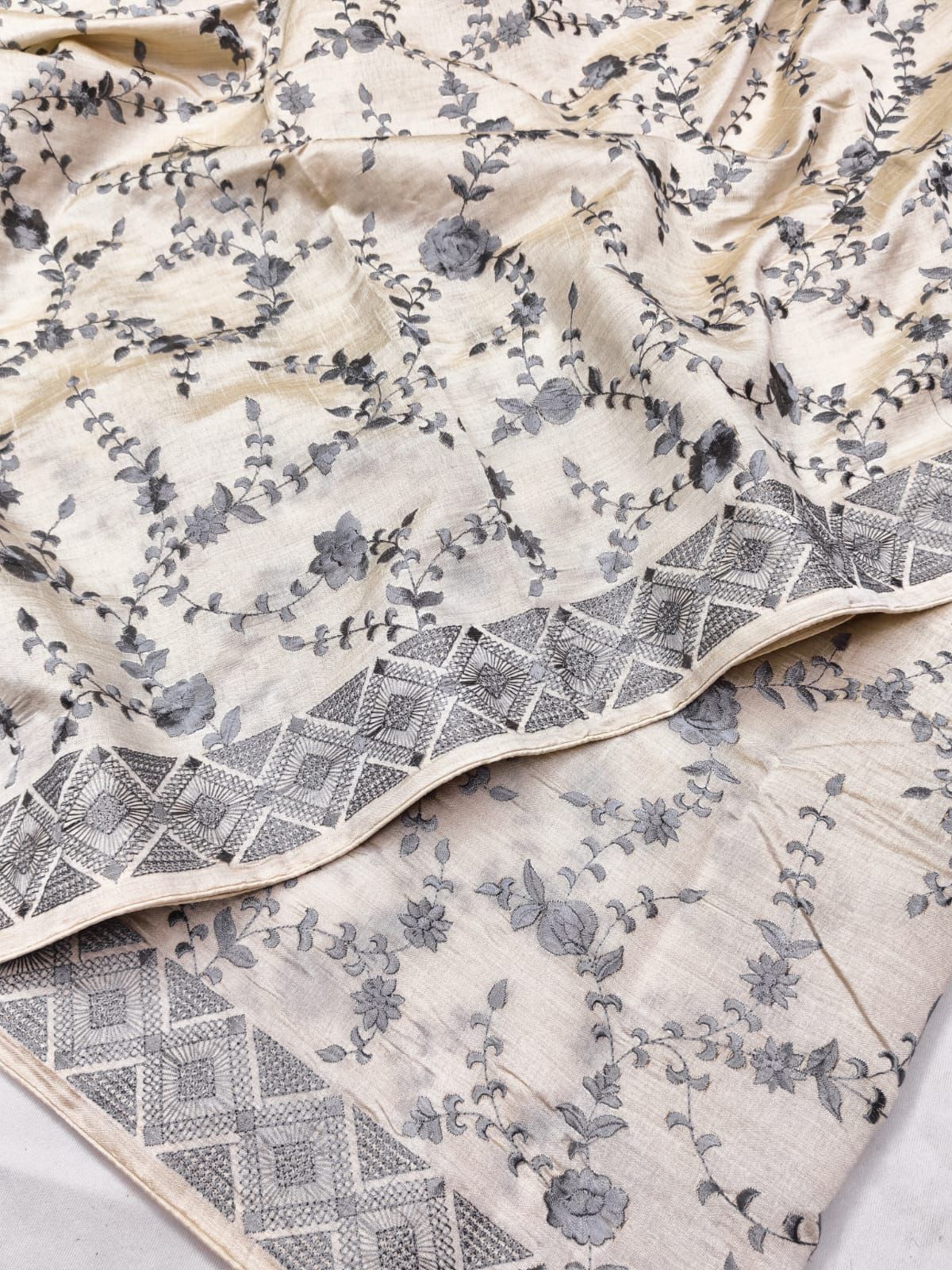 Ebullience Beige Embroidery Work Tussar Silk Saree With Artistic Blouse Piece