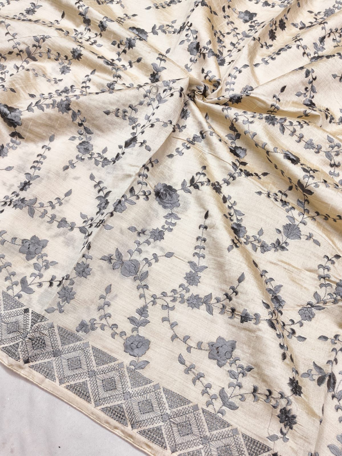 Ebullience Beige Embroidery Work Tussar Silk Saree With Artistic Blouse Piece