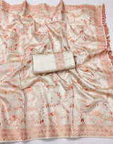 Enthralling Beige Embroidery Work Tussar Silk Saree With Proficient Blouse Piece