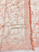 Enthralling Beige Embroidery Work Tussar Silk Saree With Proficient Blouse Piece