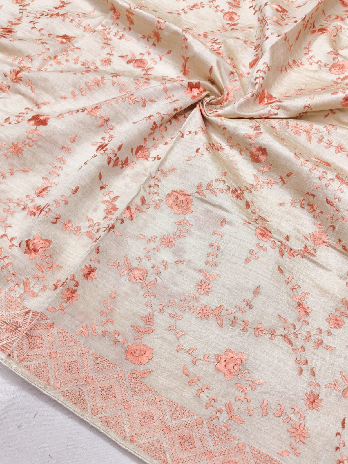 Enthralling Beige Embroidery Work Tussar Silk Saree With Proficient Blouse Piece