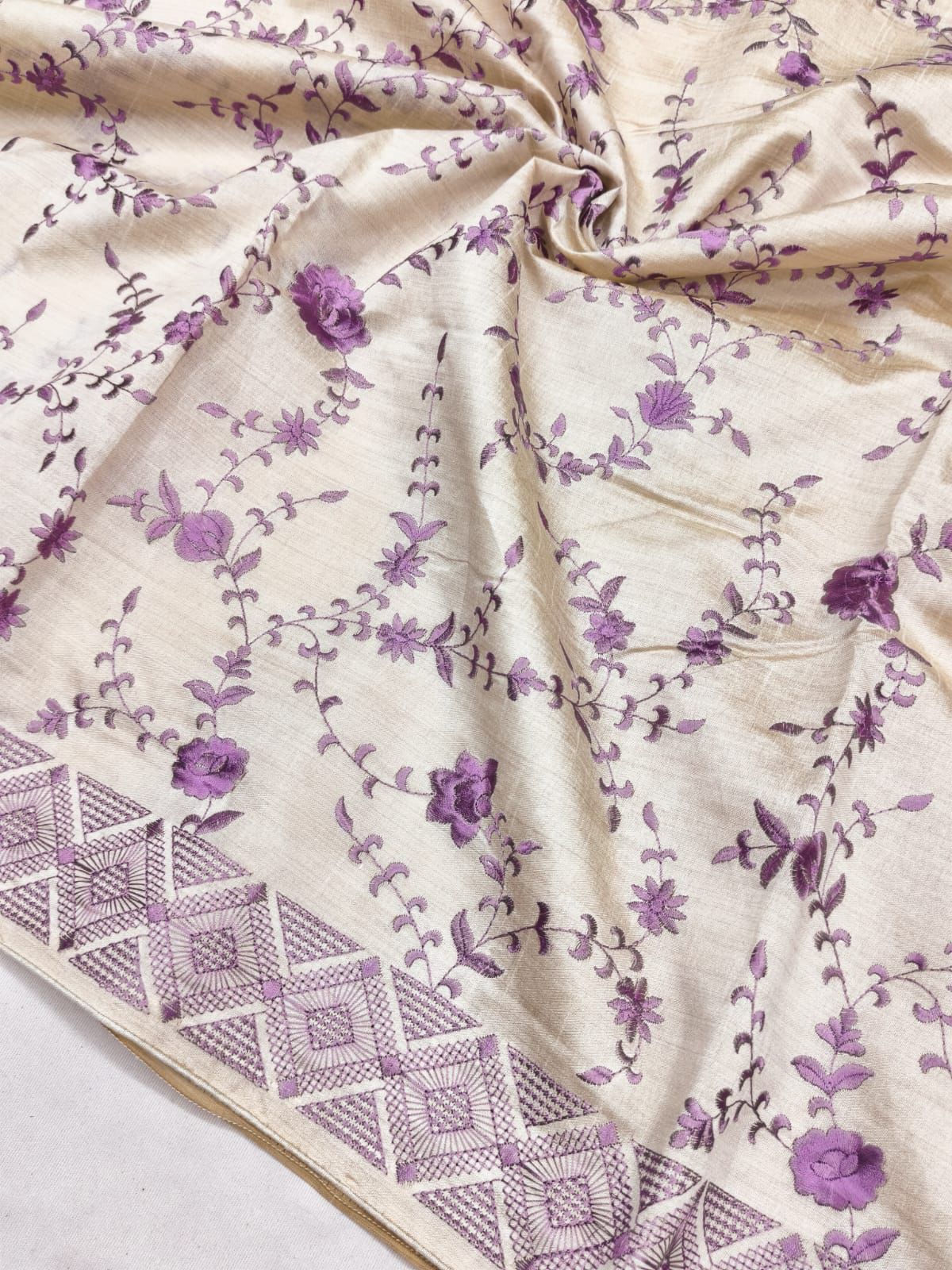 Profuse Beige Embroidery Work Tussar Silk Saree With Conflate Blouse Piece