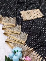 Classy Black Embroidery Work Tussar Silk Saree With Brood Blouse Piece
