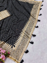 Classy Black Embroidery Work Tussar Silk Saree With Brood Blouse Piece