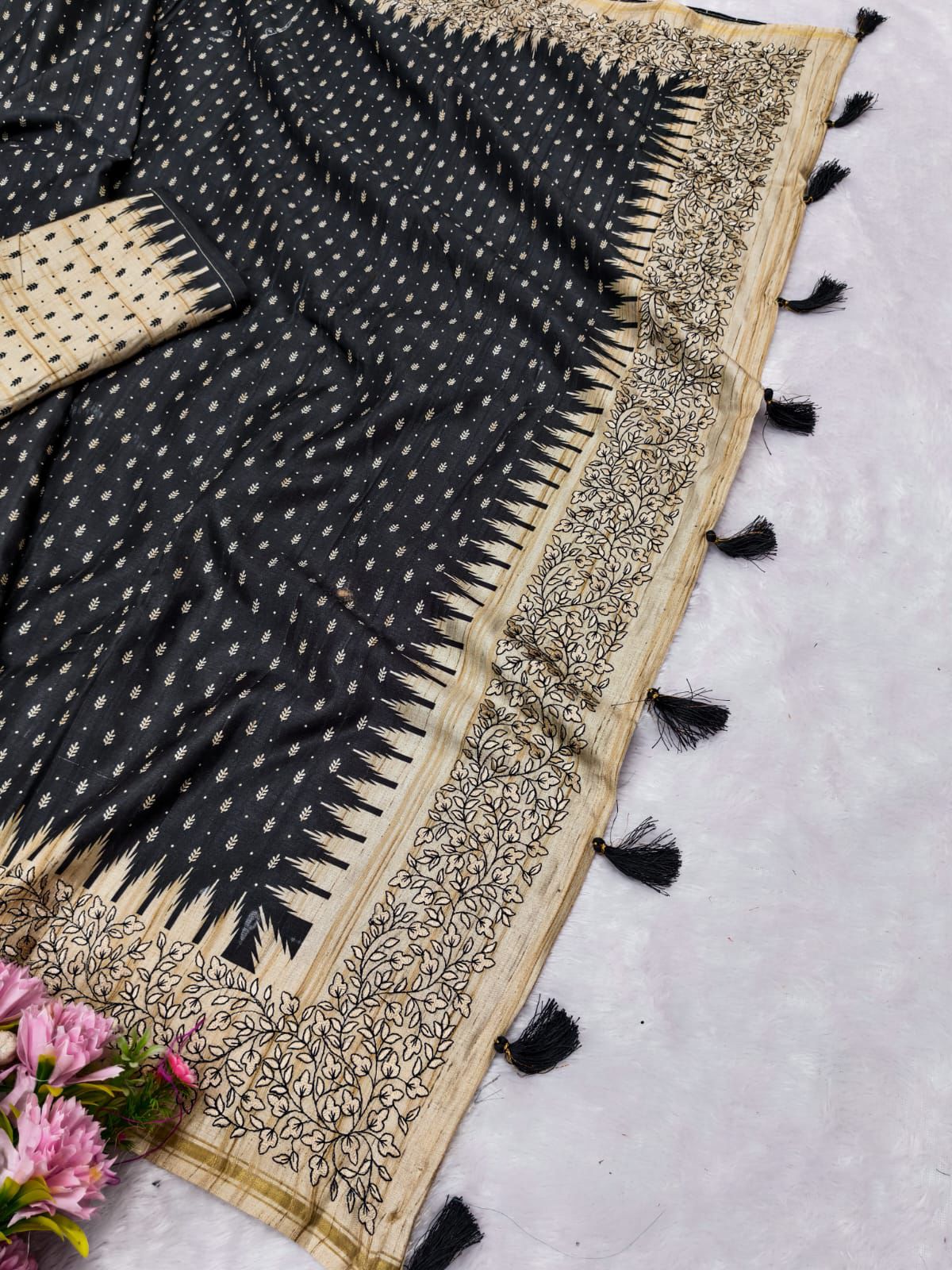 Classy Black Embroidery Work Tussar Silk Saree With Brood Blouse Piece