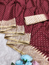Amiable Maroon Embroidery Work Tussar Silk Saree With Engaging Blouse Piece