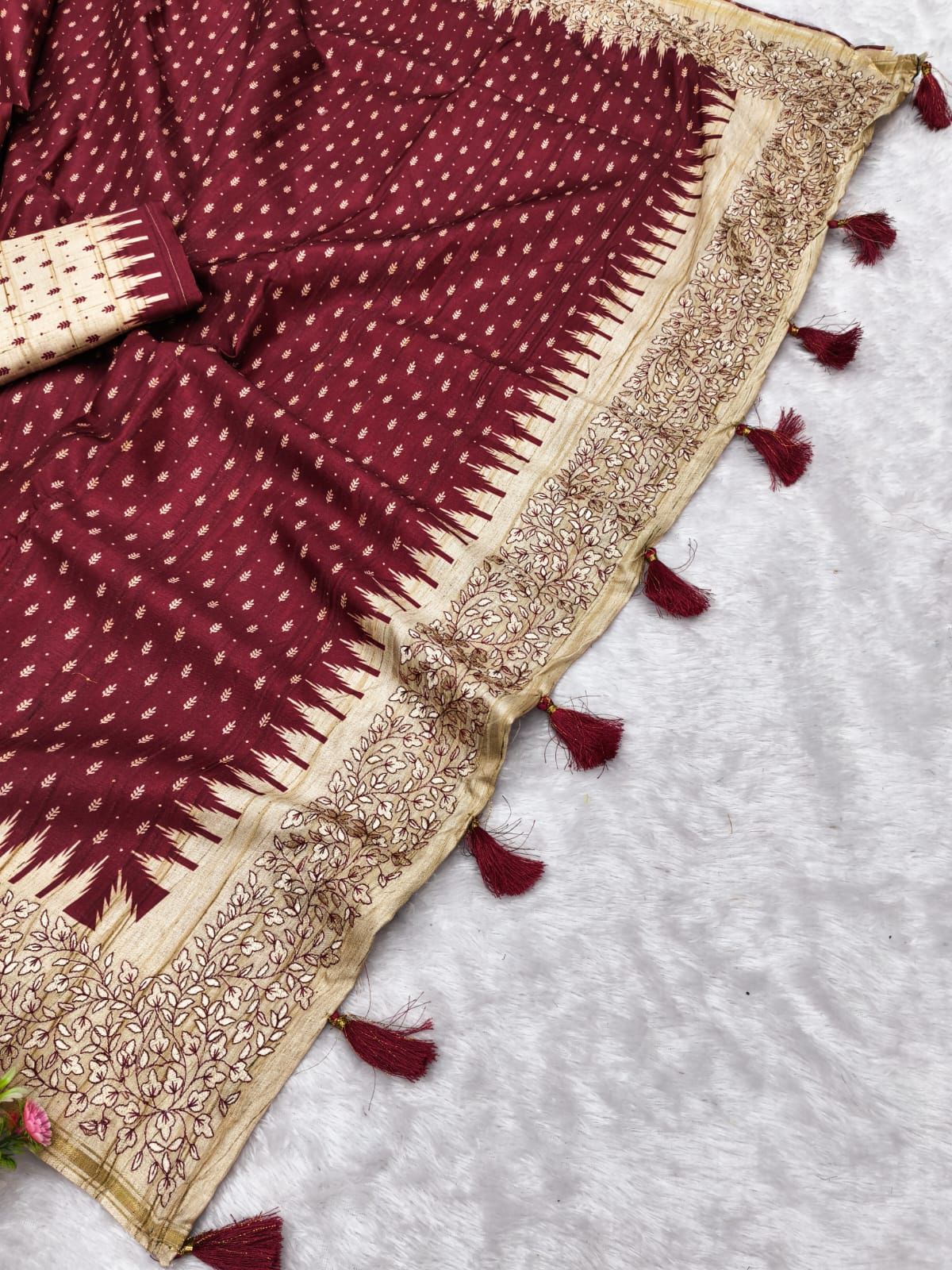 Amiable Maroon Embroidery Work Tussar Silk Saree With Engaging Blouse Piece