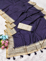 Fugacious Navy Blue Embroidery Work Tussar Silk Saree With Woebegone Blouse Piece