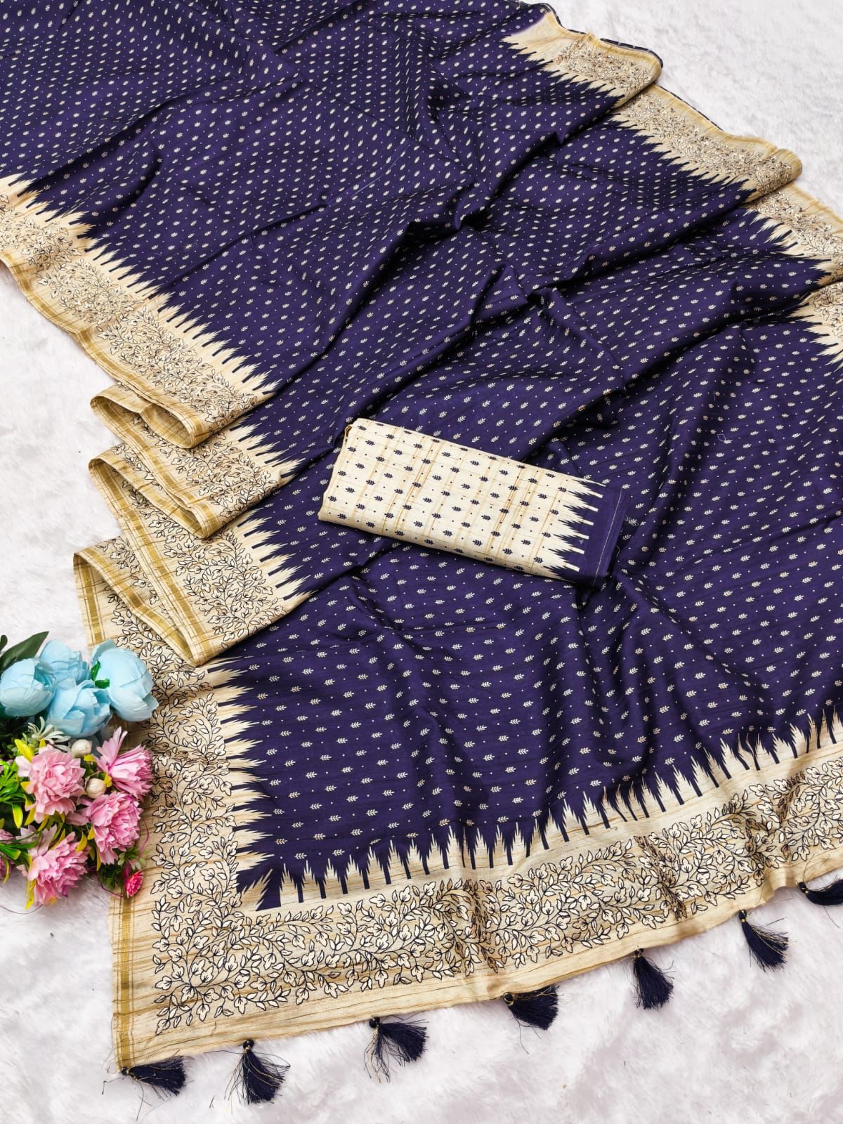 Fugacious Navy Blue Embroidery Work Tussar Silk Saree With Woebegone Blouse Piece