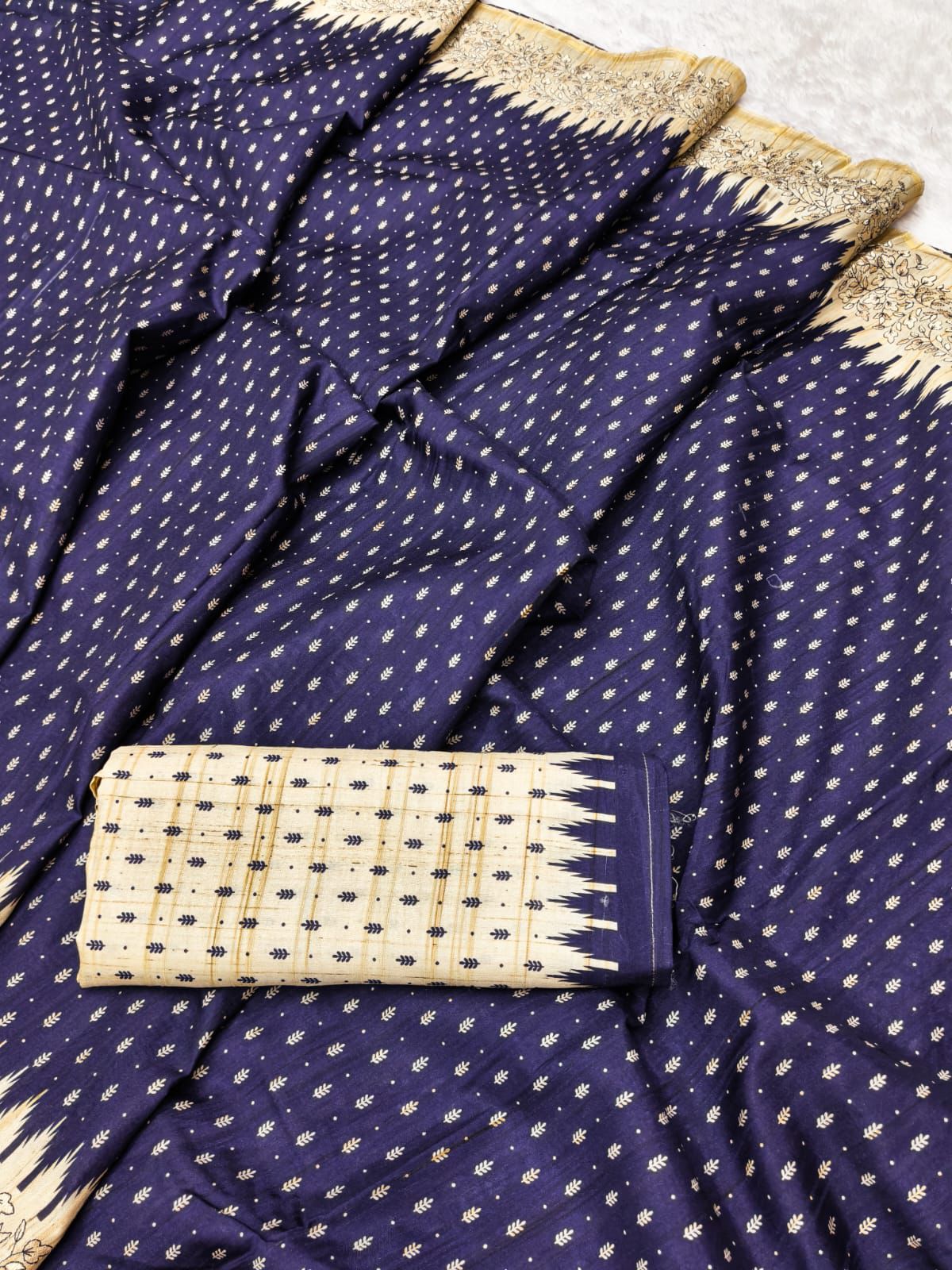 Fugacious Navy Blue Embroidery Work Tussar Silk Saree With Woebegone Blouse Piece