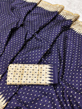 Fugacious Navy Blue Embroidery Work Tussar Silk Saree With Woebegone Blouse Piece