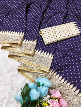 Fugacious Navy Blue Embroidery Work Tussar Silk Saree With Woebegone Blouse Piece