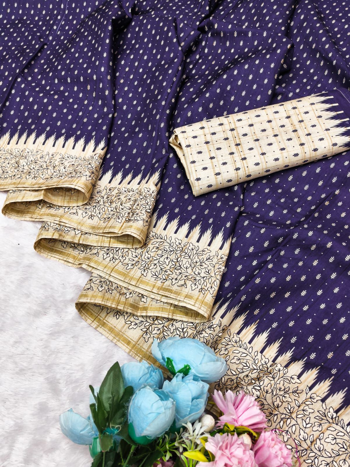 Fugacious Navy Blue Embroidery Work Tussar Silk Saree With Woebegone Blouse Piece