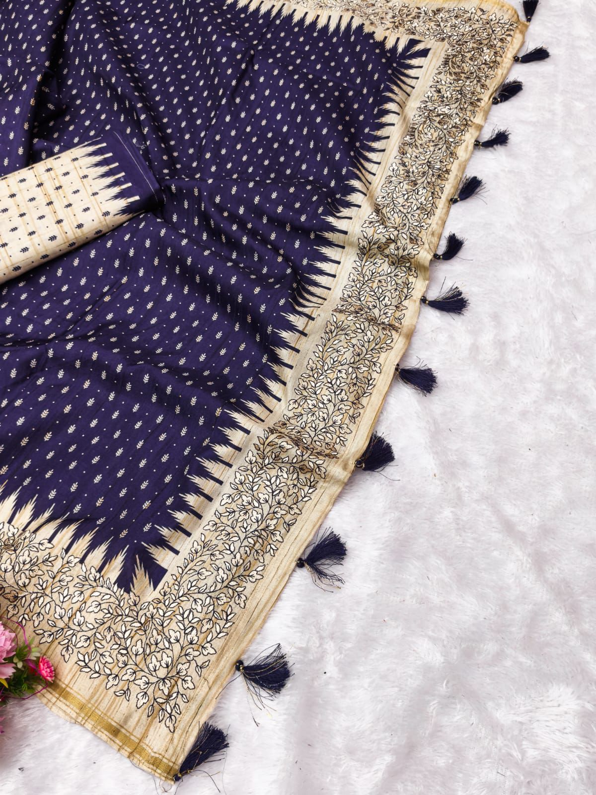 Fugacious Navy Blue Embroidery Work Tussar Silk Saree With Woebegone Blouse Piece