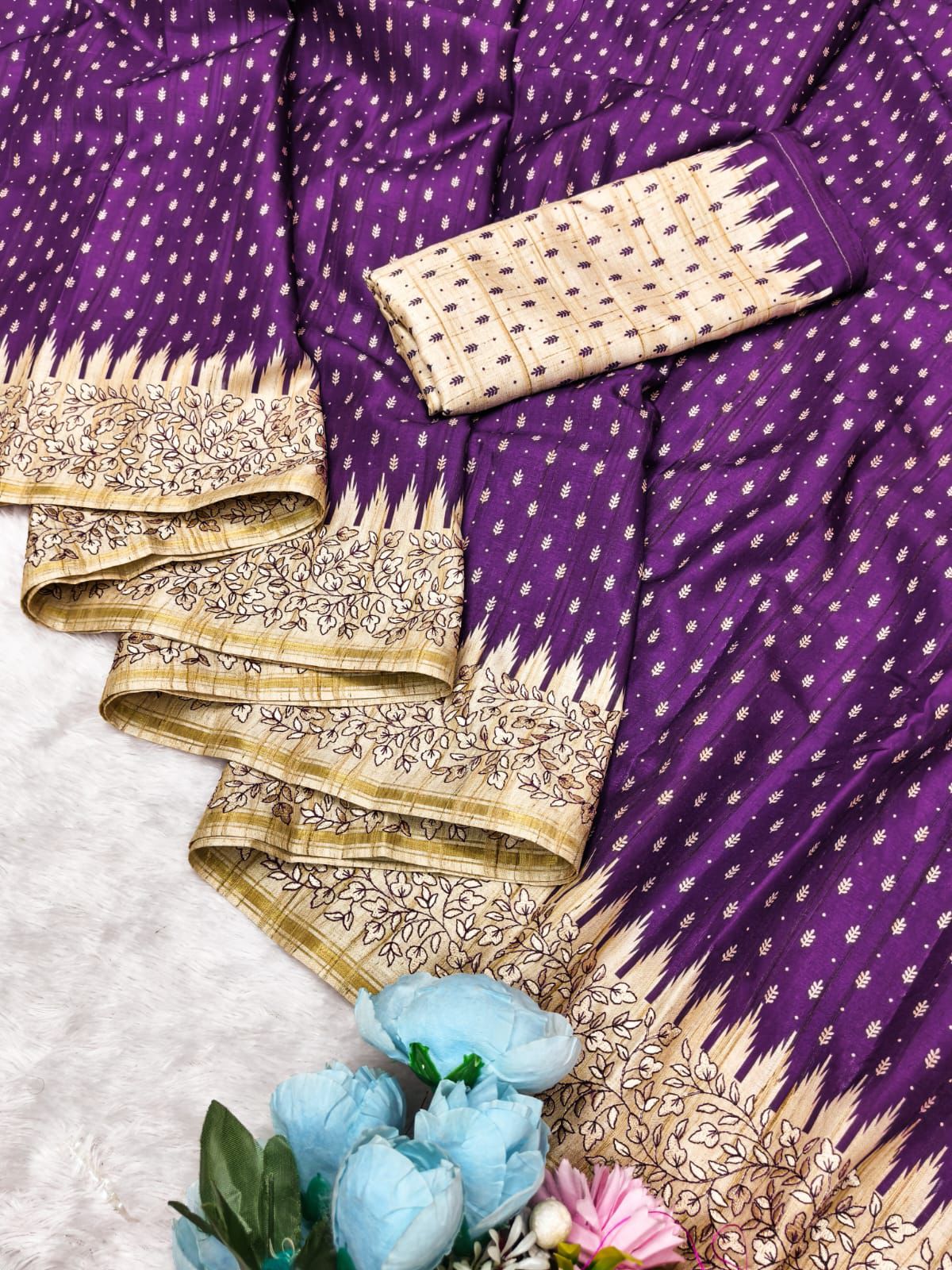 Twirling Purple Embroidery Work Tussar Silk Saree With Felicitous Blouse Piece