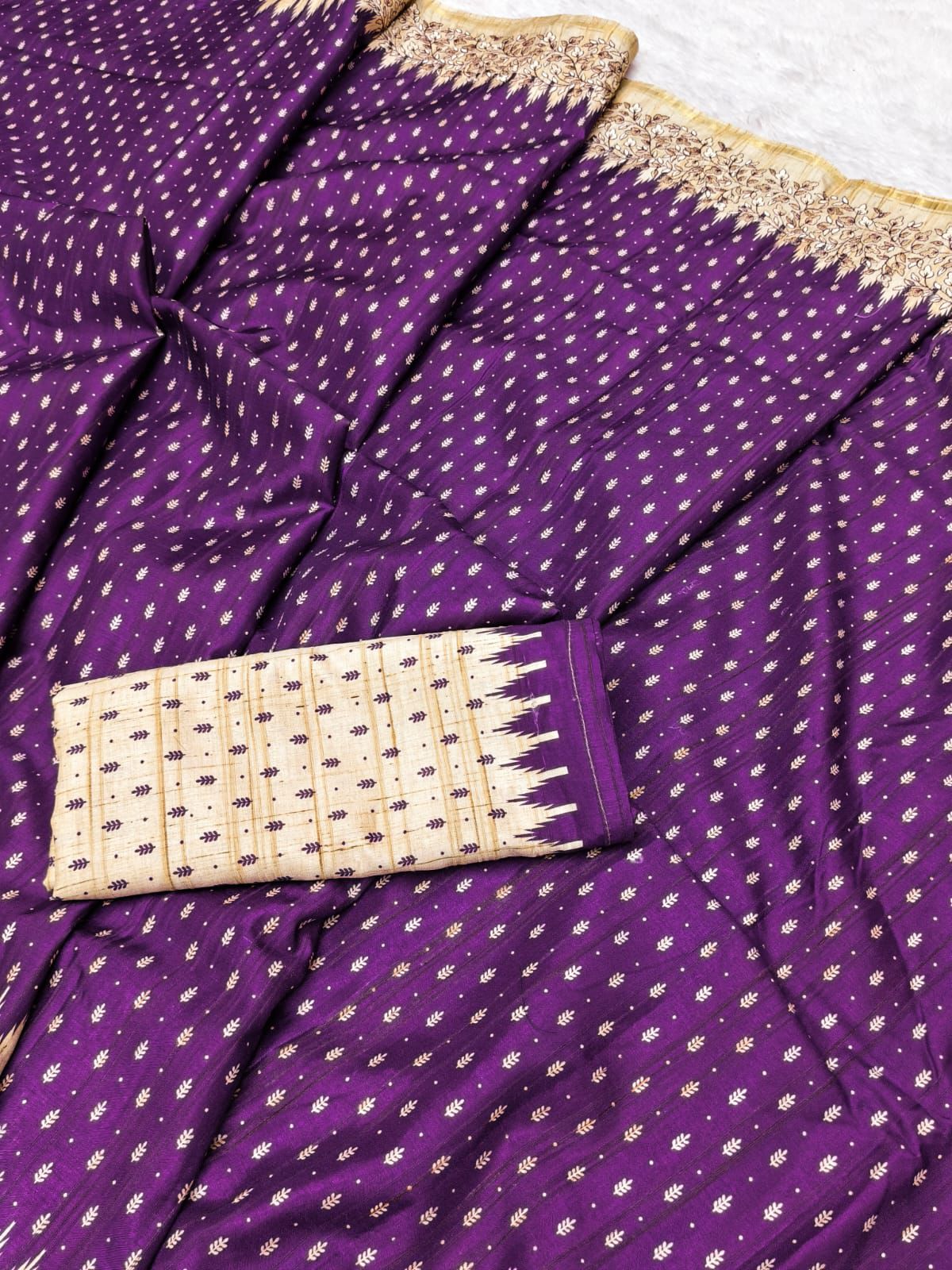 Twirling Purple Embroidery Work Tussar Silk Saree With Felicitous Blouse Piece