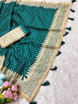 Sizzling Rama Embroidery Work Tussar Silk Saree With Prettiest Blouse Piece