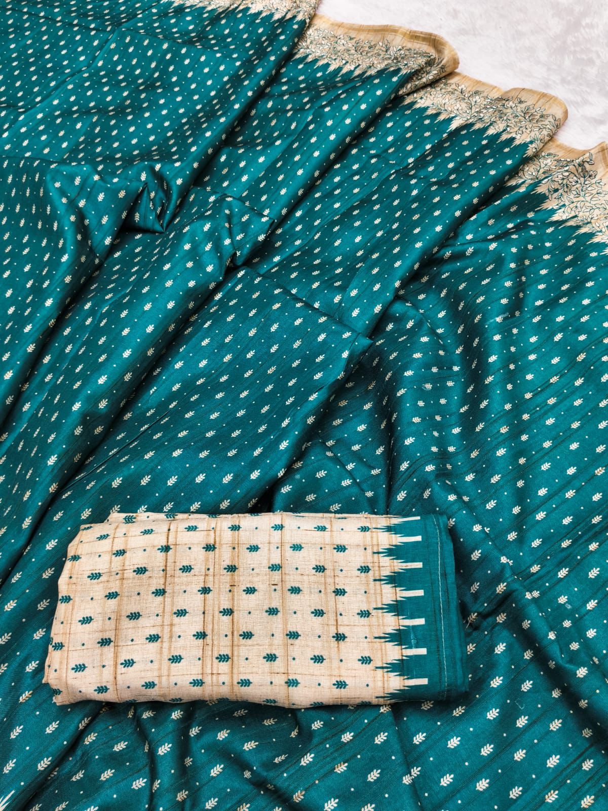 Sizzling Rama Embroidery Work Tussar Silk Saree With Prettiest Blouse Piece