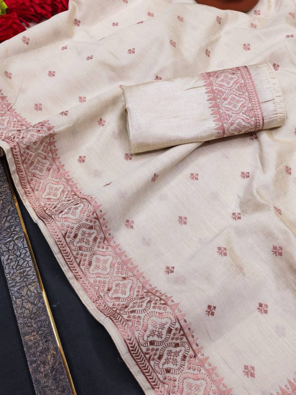 Vestigial Off White Embroidery Work Tussar Silk Saree With Adoring Blouse Piece