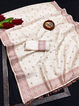 Vestigial Off White Embroidery Work Tussar Silk Saree With Adoring Blouse Piece