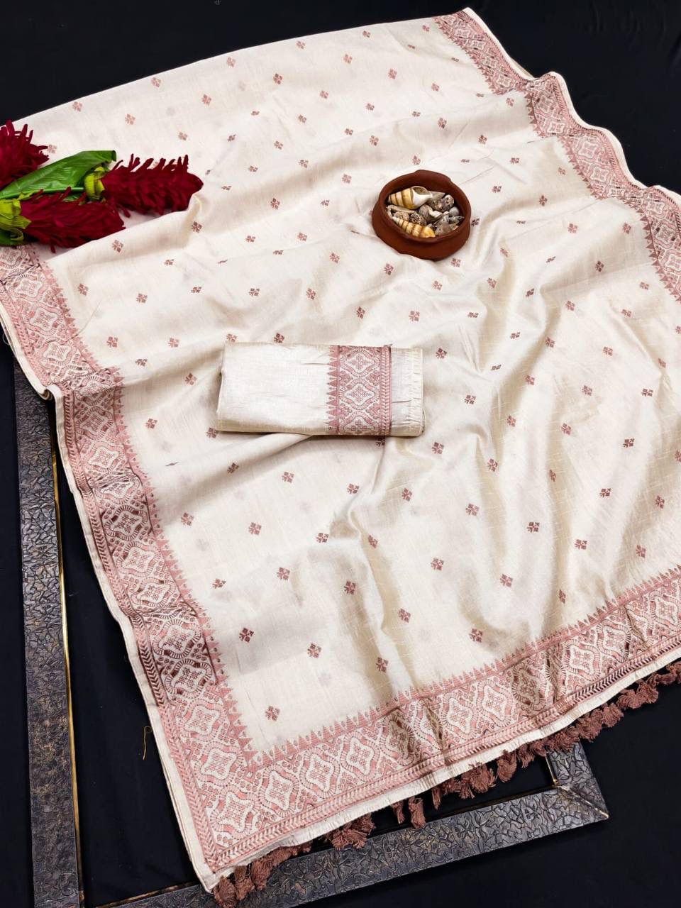 Vestigial Off White Embroidery Work Tussar Silk Saree With Adoring Blouse Piece