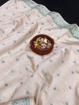 Hypnotic Off White Embroidery Work Tussar Silk Saree With Marvellous Blouse Piece