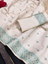 Hypnotic Off White Embroidery Work Tussar Silk Saree With Marvellous Blouse Piece