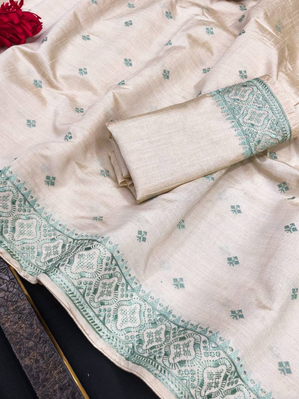 Hypnotic Off White Embroidery Work Tussar Silk Saree With Marvellous Blouse Piece