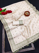 Mesmeric Off White Embroidery Work Tussar Silk Saree With Moiety Blouse Piece