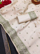 Mesmeric Off White Embroidery Work Tussar Silk Saree With Moiety Blouse Piece