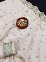 Mesmeric Off White Embroidery Work Tussar Silk Saree With Moiety Blouse Piece