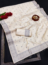 Demanding Off White Embroidery Work Tussar Silk Saree With Rhapsody Blouse Piece