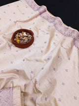 Incredible Off White Embroidery Work Tussar Silk Saree With Traditional Blouse Piece