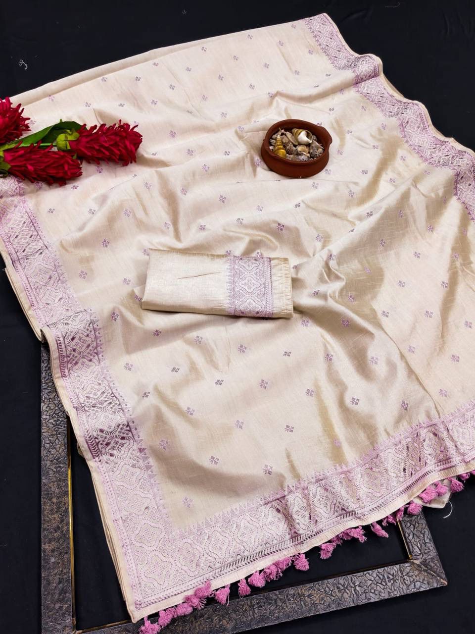 Incredible Off White Embroidery Work Tussar Silk Saree With Traditional Blouse Piece