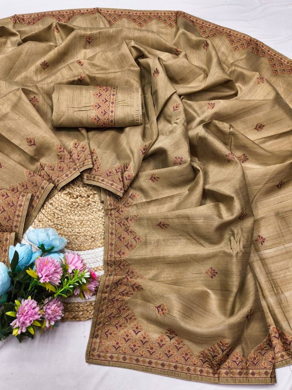 Quintessential Beige Embroidery Work Tussar Silk Saree With Flamboyant Blouse Piece