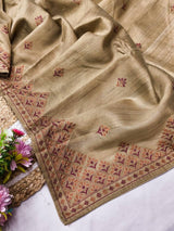Quintessential Beige Embroidery Work Tussar Silk Saree With Flamboyant Blouse Piece
