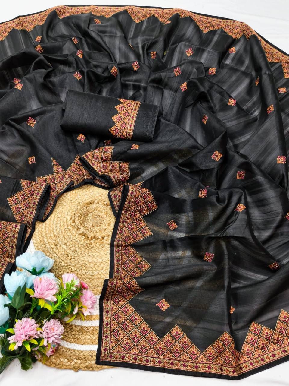 Elegant Black Embroidery Work Tussar Silk Saree With Gorgeous Blouse Piece